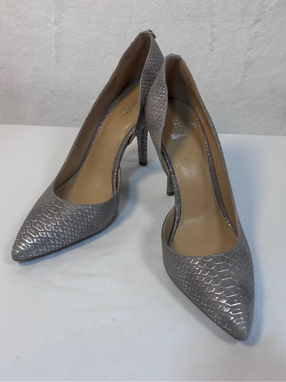 Michael Kors Nathalie Flex High Pump Metallic Embossed Leather Silver Size 10